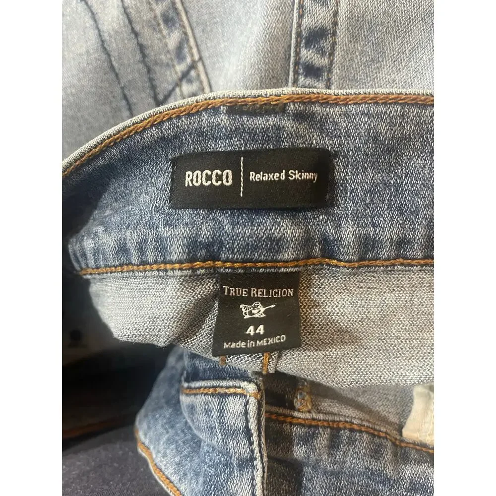 True Religion Rocco Relaxed Skinny Jeans Mens 44x33 Light Wash Distressed Denim